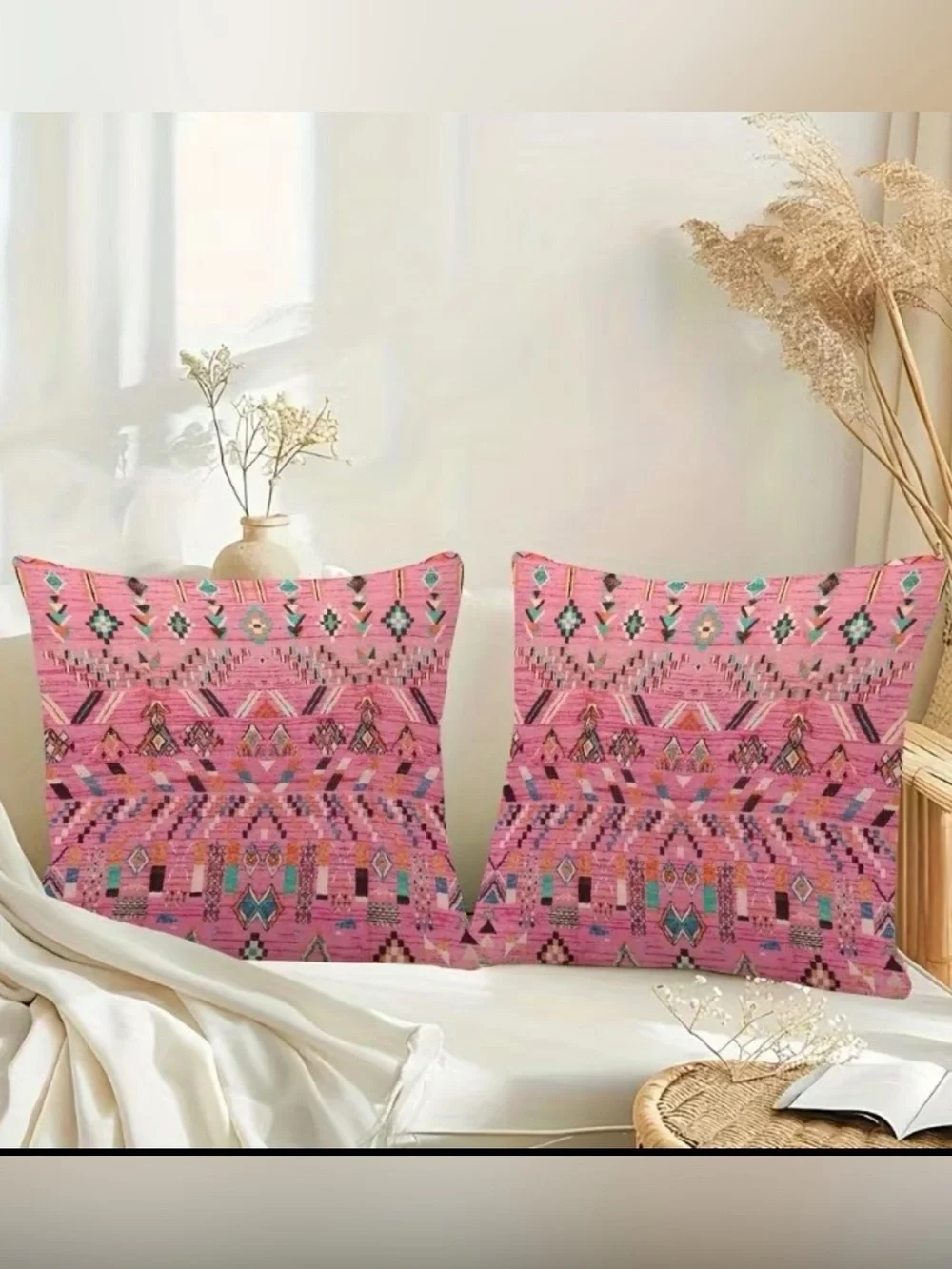 Boho Pink Aztec Pillow Covers Set Of Two (2) Size 20x20 Southwest Tribal Decor
